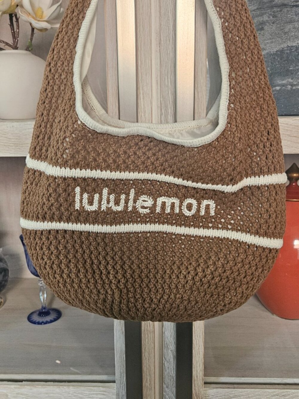 LULULEMON Spell Out Light Brown/Raceway Withe Cotton Crochet Shoulder Bag 7L